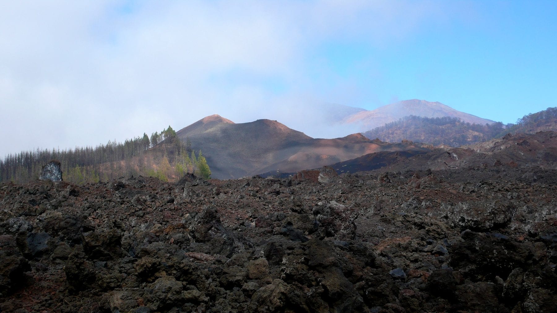 Malpaís de lava del volcán Chinyero, con el cono al fondo